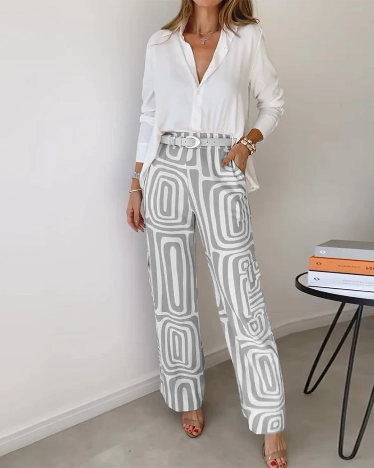 Saskia – Elegant, moderne bluse og bukser med vide ben, 2-delt sett + GRATIS belte