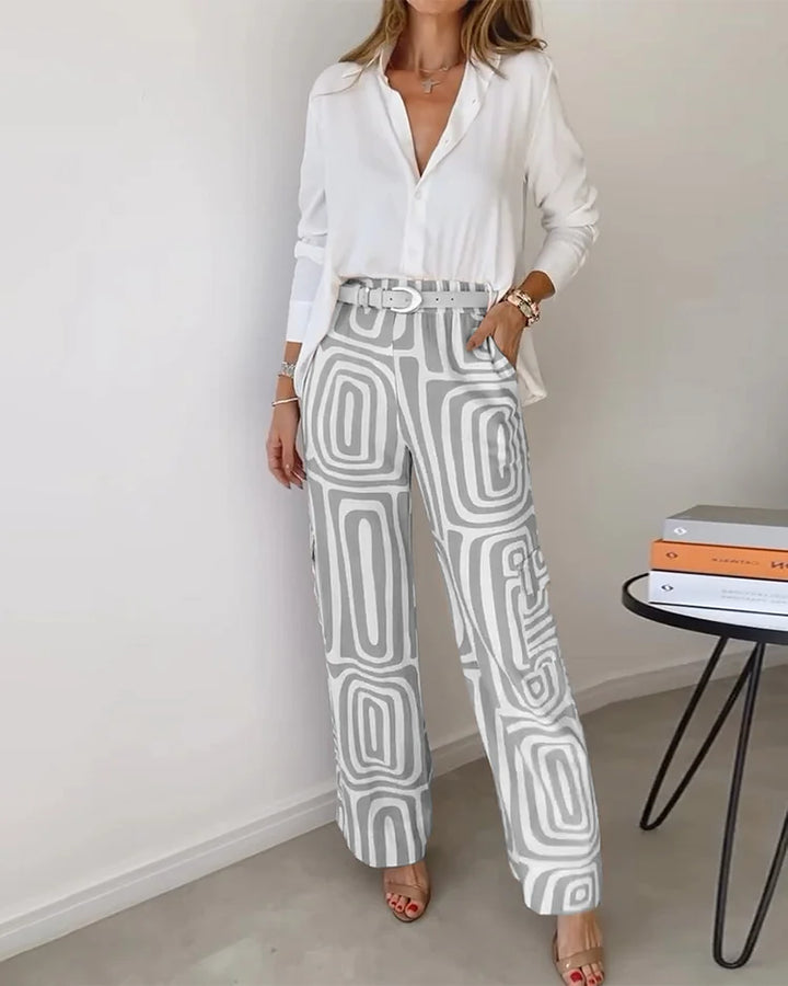 Saskia – Elegant, moderne bluse og bukser med vide ben, 2-delt sett + GRATIS belte